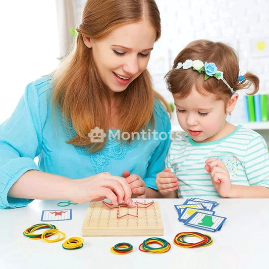 Montessori Wooden Geoboard playing in family