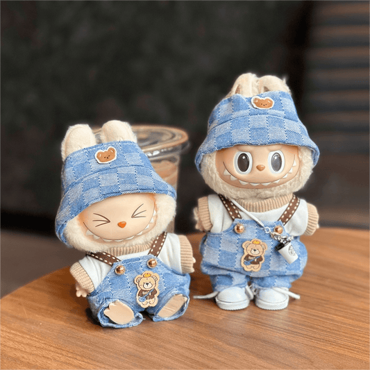 Labubu Kids' Blue Overalls Set – Bear Pattern Jumpsuit & Cap
