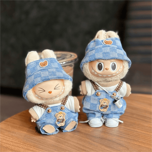 Labubu Kids' Blue Overalls Set – Bear Pattern Jumpsuit & Cap
