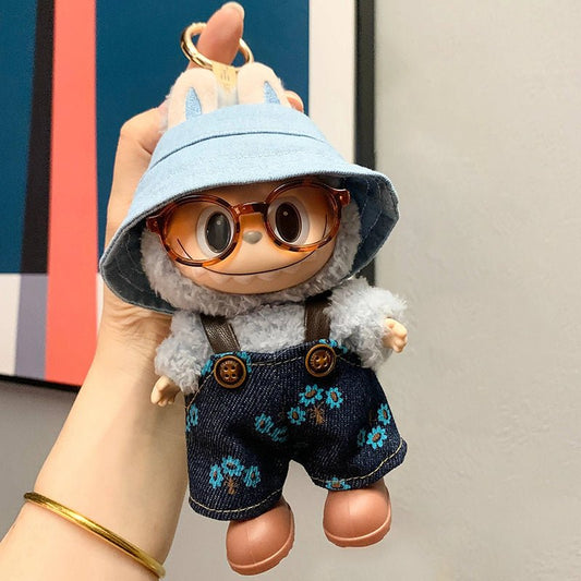Labubu Pullbu Overalls Outfit Set for Doll – 4-Piece Denim Overalls with Bow & Floral